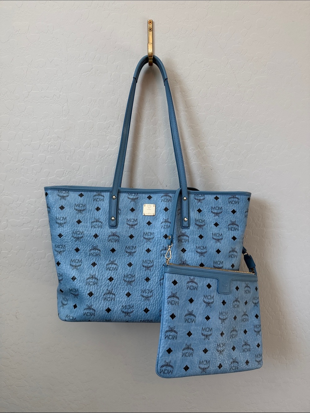 MCM Visetos Shopper Tote with Pouch Denim Blue - Picture 1 of 8